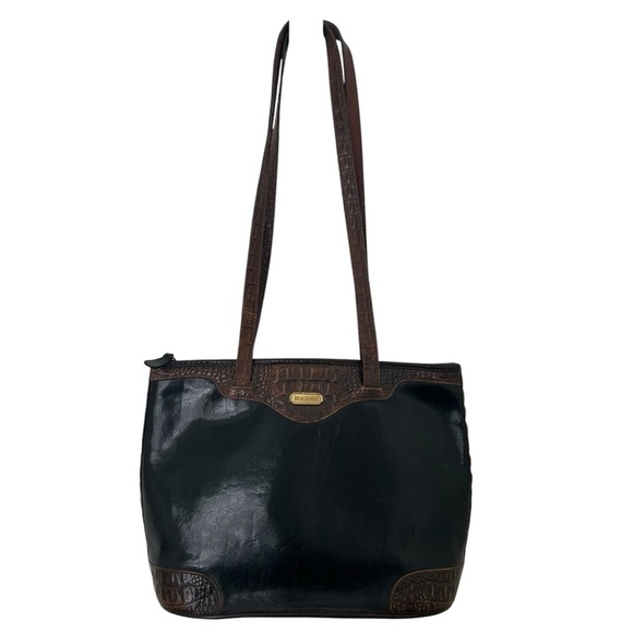 Brahmin black leather and croc Tuscan Colle top handle medium purse handbag hobo - Picture 1 of 12